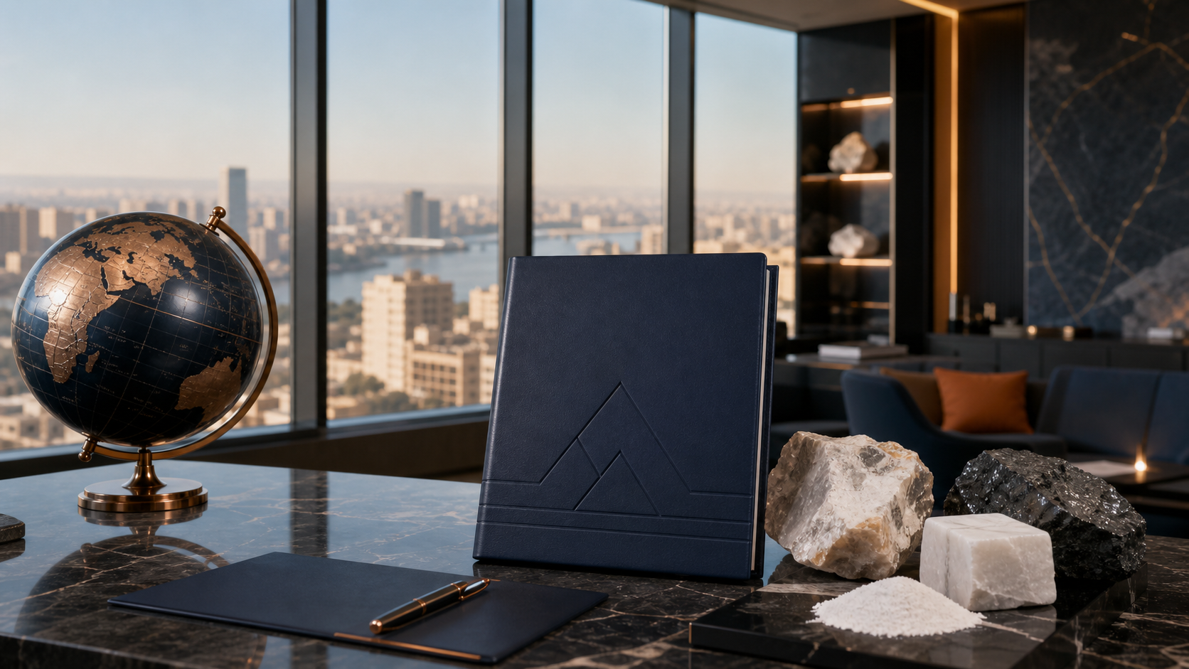 Conceptual corporate setting with Egyptian minerals and global connections