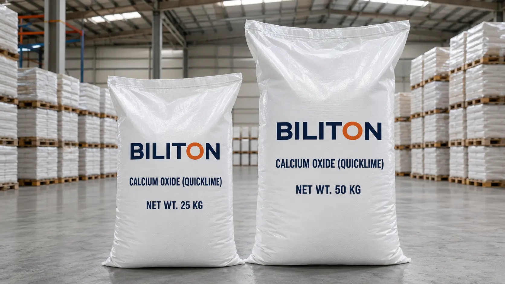 Biliton calcium oxide quicklime in branded 25 kg and 50 kg moisture-protected bags