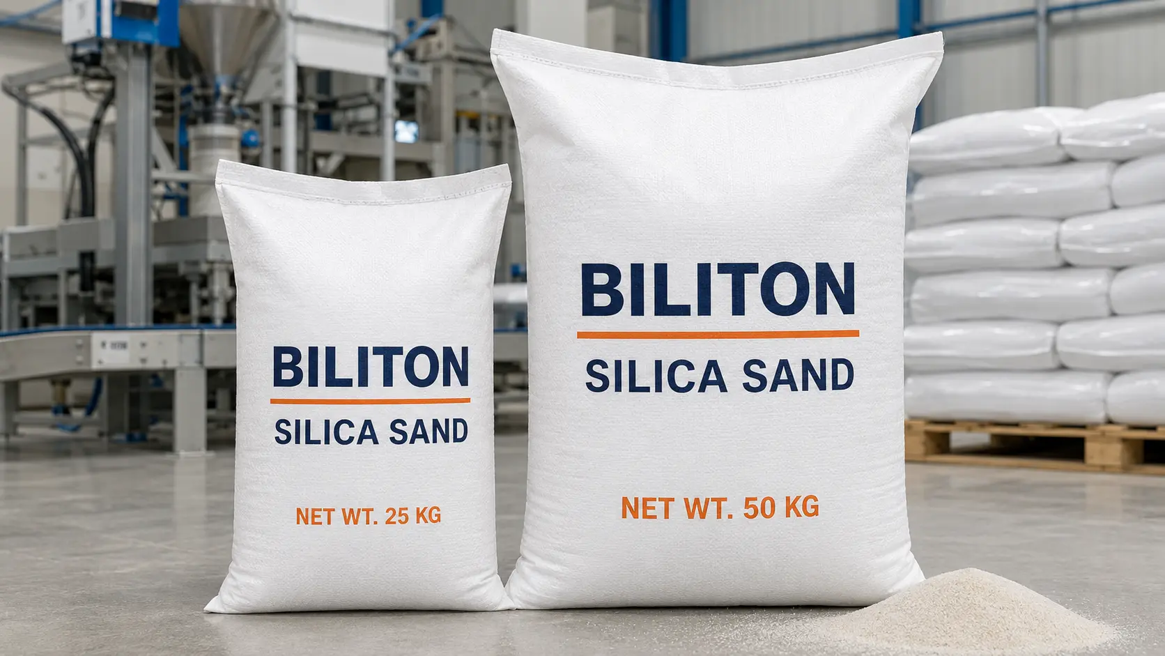 Biliton silica sand in branded 25 kg and 50 kg export bags