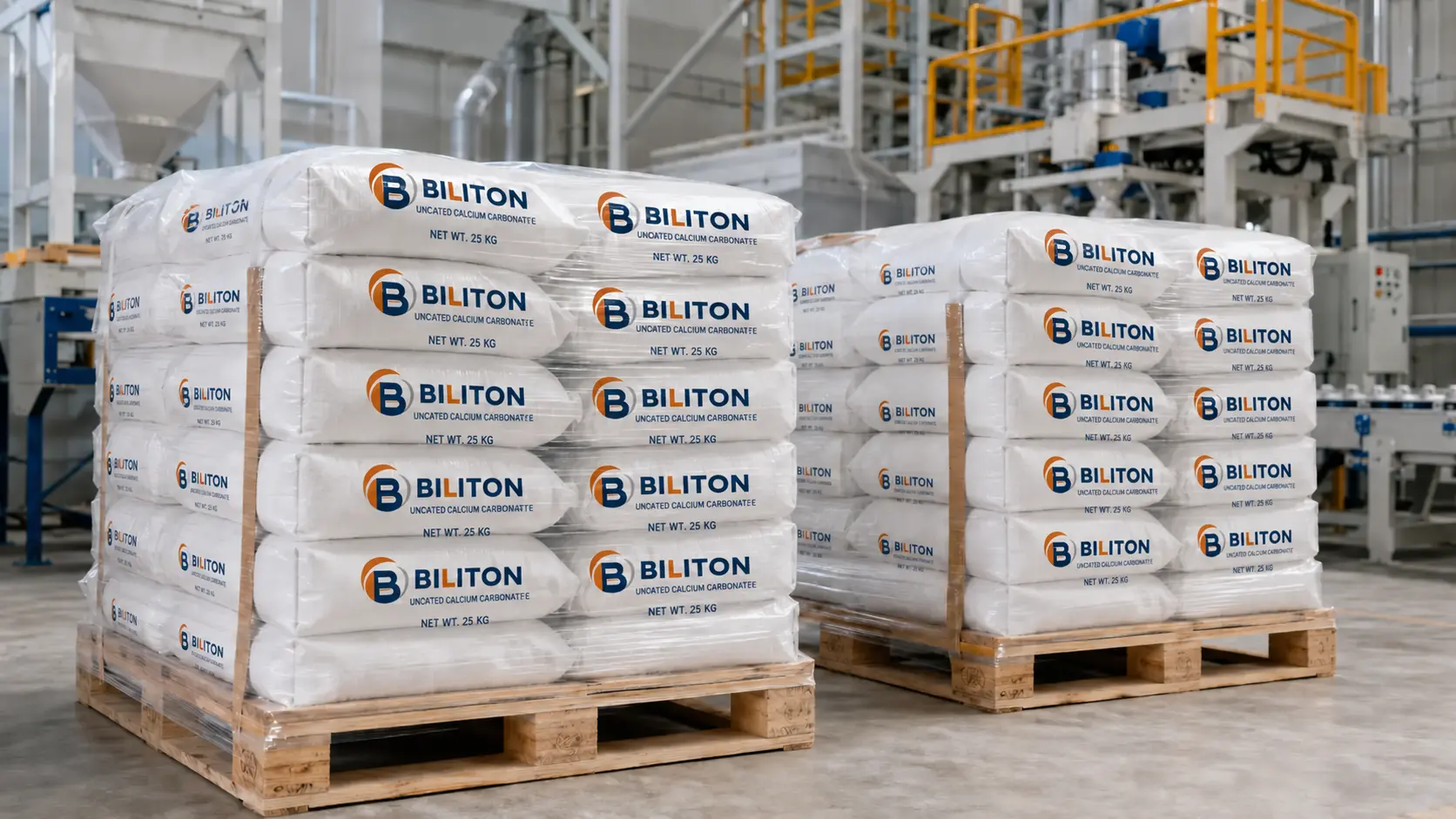 Biliton uncoated calcium carbonate in branded export-ready Sacs de 25 kg on pallets